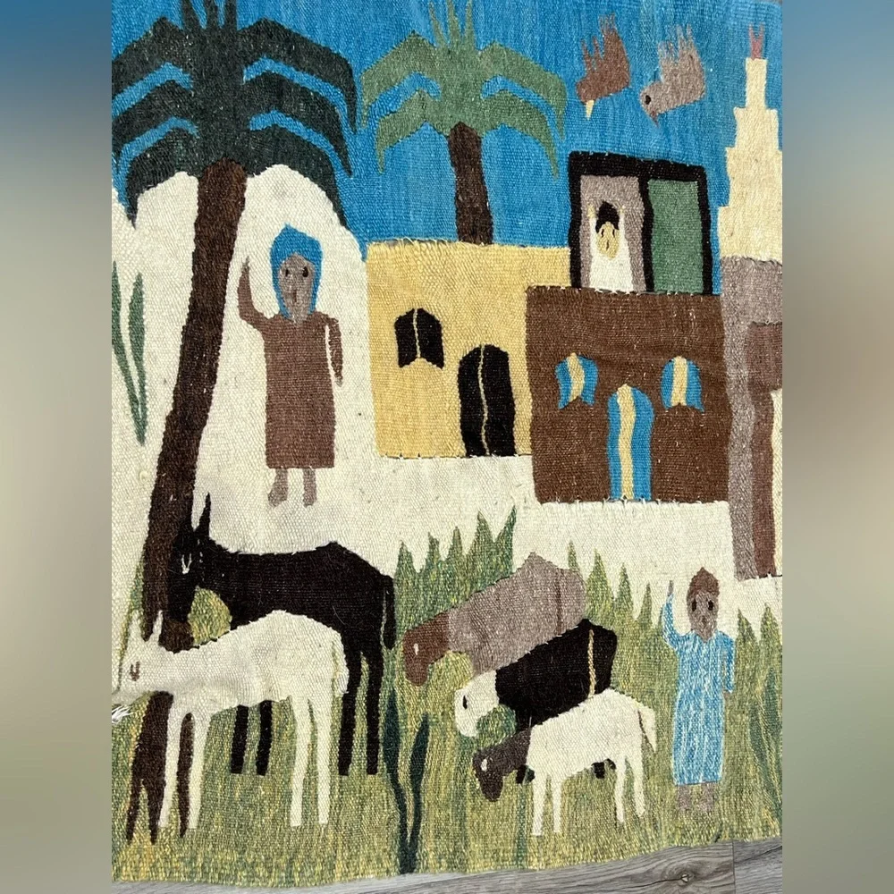 Egyptian Hand Woven Tapestry- 5 FT Wall Hanging-Folk Art Egypt-Wool Kilim Rug